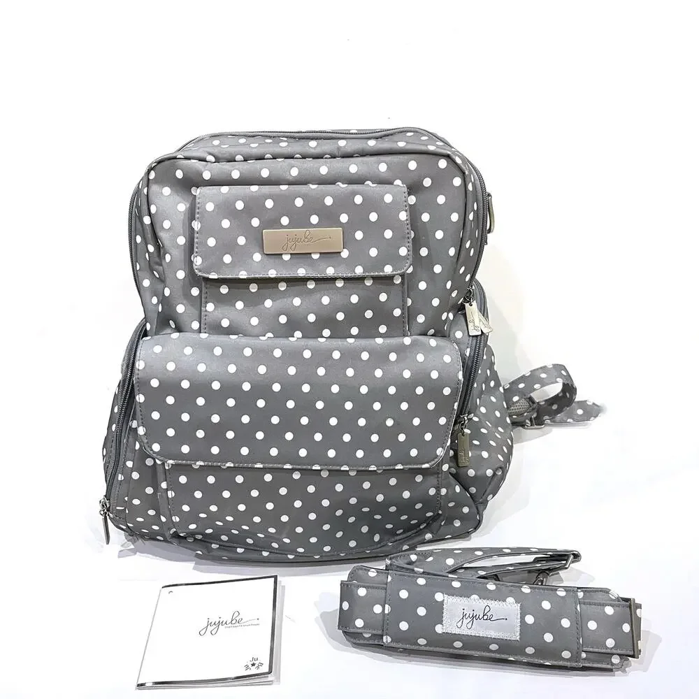 JuJuBe Nurtured Large Breast Pump Backpack Diaper Baby Bag Polka Dot Gray White